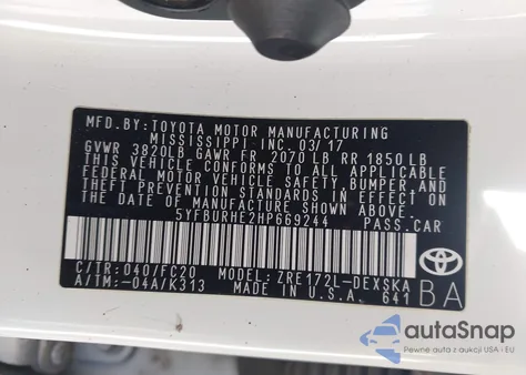 2017 Toyota Corolla Se from USA, damaged, VIN 5YFBURHE2HP669244